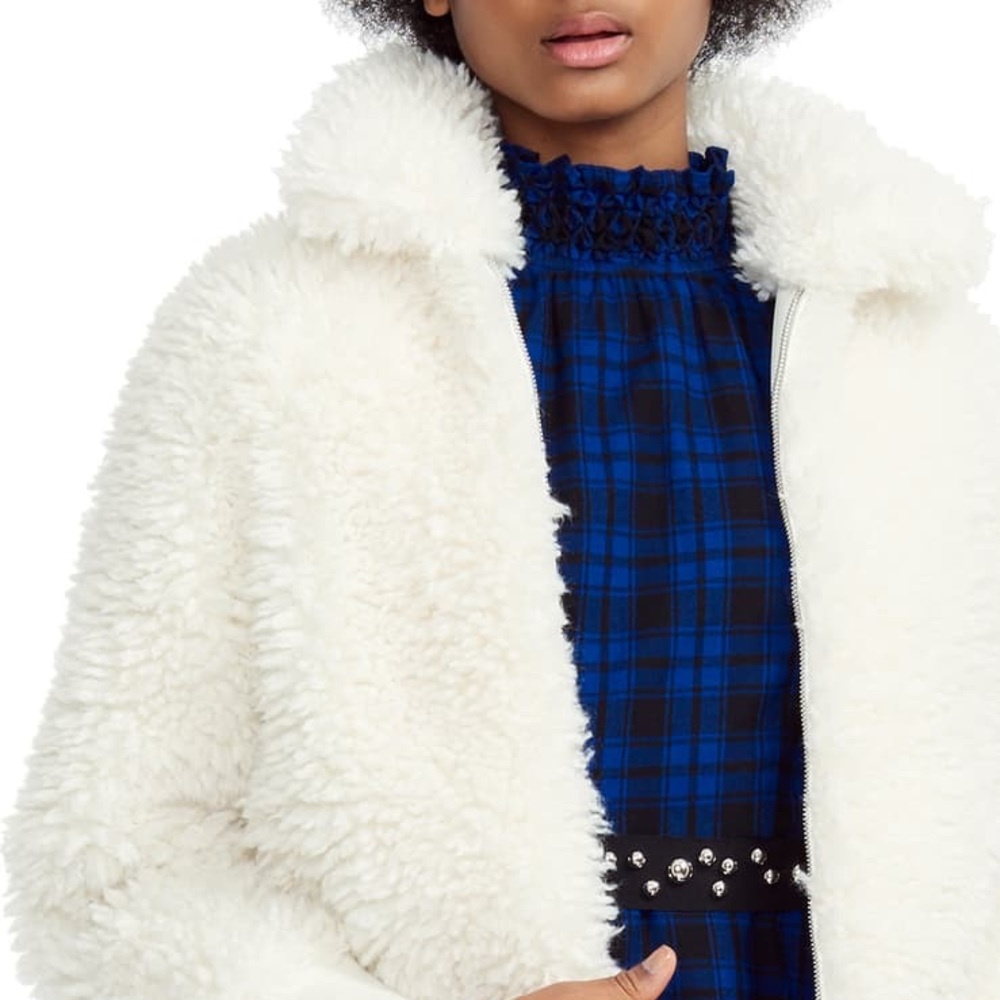 MAJE Plush Off White Blanche Sherpa Style Luxury Bomber Jacket, M - Picture 3 of 16